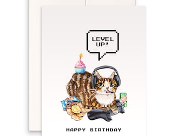 Cat Gamer Happy Birthday Cards For Boyfriend - Video Games Level Up