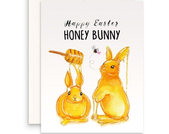 Honey Bunny grappige paaskaarten voor kinderen - aquarel Happy Easter Bunny kaart voor kleinkinderen - Liyana Studio wenskaarten handgemaakt