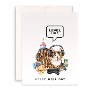 Cat Gamer Happy Birthday Cards For Boyfriend - Video Games Level Up