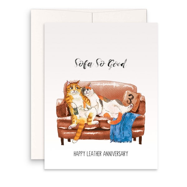 Cats 3 Years Leather Anniversary Card For Husband - Sofa So Good Couple- Funny 3rd Anniversary Cards For Him