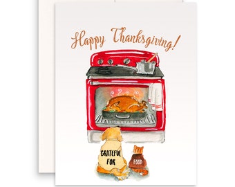 Thanksgiving Cards Funny - Cat And Dog Holiday Cards For Friends- Thankful For Turkey In Oven