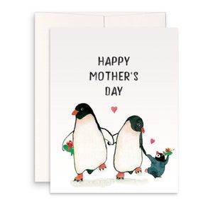 Carte de fête des mères pingouin du mari et de l'enfant - Carte bébé maman papa pour les nouveaux parents