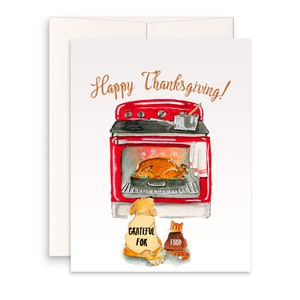 Cartes de Thanksgiving amusantes – Cartes de vacances pour chat et chien pour amis – Remerciements pour la dinde au four