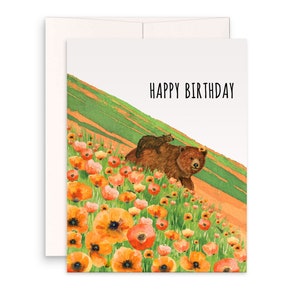 Grizzly Bären Geburtstagskarte für Mama - Frühling Mohn Blumenfeld Baby Bär