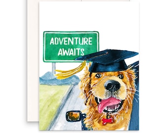 Dog Graduation Cards 2024 - Adventure Awaits Road Trip Travel - Golden Retriever College Graduation Gift