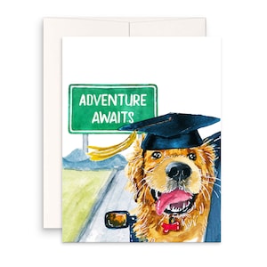 Hund Abschluss Karten 2025 - Abenteuer erwartet Road Trip Reisen - Golden Retriever College Abschluss Geschenk