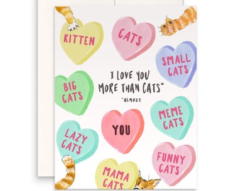 Herz-Süßigkeit-Katzen-Valentinsgruß-Karte für Freund - ich liebe dich mehr als Katzen - orange Katzen-Liebhaber-Geschenk von Freundin