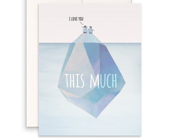 Happy Anniversary Card For Him -  I Love You This Much Like Iceberg Penguins Love Cards - Cute Penguin Valentines Day Card