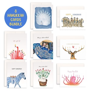 8 Animal Funny Hannukah Cards Set - Handmade Menorah Greeting Cards Pack - Unique Watercolor Chanukkah Arts Gift