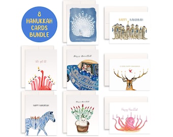 8 Animal Funny Hannukah Cards Set - Handmade Menorah Greeting Cards Pack - Unique Watercolor Chanukkah Arts Gift