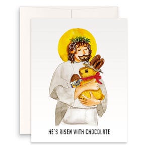 Cartes religieuses de Pâques drôles - Il est ressuscité avec des cadeaux de Pâques en chocolat - Carte de bonbons de Pâques aux œufs de crème de lapin au chocolat
