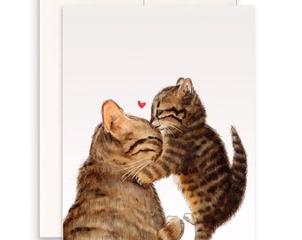 Cat Mom Kiss Mother's Day Card - New Mom And Baby Card From The Cat - Cute Tabby Cat Birthday Card For Mom