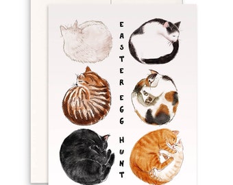 Curled Up Cat Eggs Easter Cards - Funny Easter Eggs Card For Cat Lovers - Liyana Studio Greeting Cards Handmade