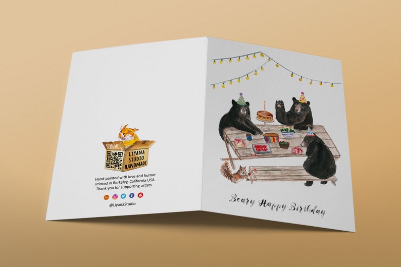 Black Bear Birthday Cards For Her Picnic Kids Birthday Party Card Whimsical Woodland Animals Birthday Card Funny Liyana Studio image 6