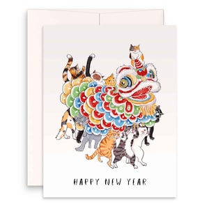 May include: A greeting card featuring a colorful illustration of a Chinese lion dance costume made of cats. The cats are in various colors and patterns. The text "HAPPY NEW YEAR" is printed in black at the bottom.