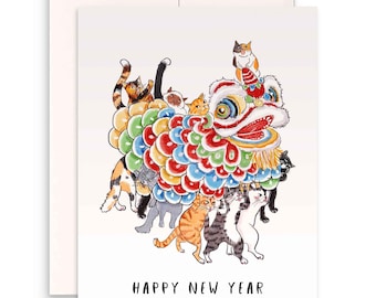 Cats Lion Dance Happy Lunar New Year Card Set – 2026 Chinese New Year Greeting Cards for Cat Lovers – Handmade Card by Liyana Studio