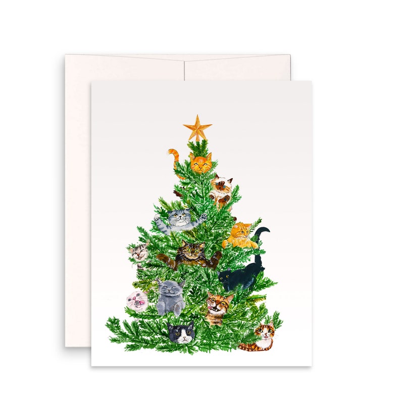 Cat Christmas Tree Card Funny Cat Lover Gift For Friends Orange Tabby Siamese Black Cat Cards image 1