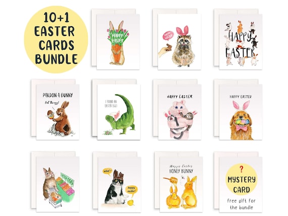 10 Happy Easter Cards Pack - Easter Bunny Egg Basket Gifts- Spring Greeting Card Pack For Kids - Liyana Studio Greeting Cards Handmade