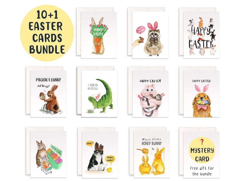 May include: A set of 11 Easter greeting cards featuring various animals, including bunnies, a raccoon, a cat, a dog, and a lizard. The cards have watercolor illustrations and humorous text, such as "Pardon a bunny, Eat the egg!" and "Happy Easter Honey Bunny". One card is a mystery card, which is a free gift with the purchase of the bundle.