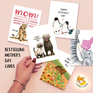 May include: Assortment of Mother's Day greeting cards featuring various animal illustrations. The cards include a penguin couple, a dog, a bear, an elephant, a lion, and a cat. The cards have different messages, including "Happy Mother's Day", "Happy Mudder's Day", and "Mom!"