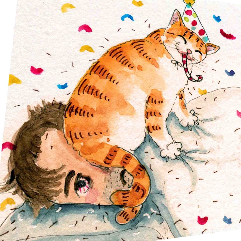 May include: A watercolour painting of a person sleeping with a cat wearing a party hat on top of them. The cat is orange and white with black stripes. The person has brown hair and is wearing a blue shirt. The background is white with colourful confetti.