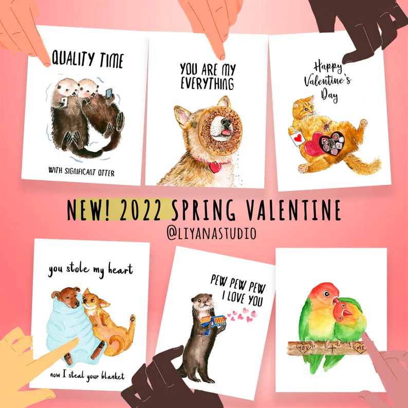 Op de afbeelding: Set van zes ge&iuml;llustreerde wenskaarten met verschillende dieren met Valentijnsdag-berichten. De kaarten zijn gedrukt op wit karton met aquarel-illustraties. De berichten zijn: "Quality Time with Significant Otter", "You Are My Everything", "Happy Valentine's Day", "You Stole My Heart, Now I Steal Your Blanket", "Pew Pew Pew I Love You" en "You Me".