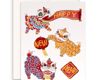 Lion Dance Happy Lunar New Year Cards Set - 2026 Chinese New Year Card For Kids - Handmade By Liyana Studio