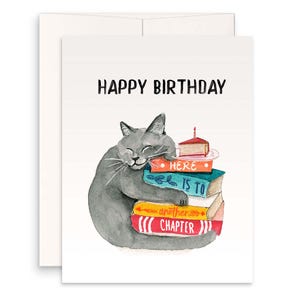 Cartes d'anniversaire drôles de livre de chat gris - cadeau littéraire de maman de chat de joyeux anniversaire pour les amoureux des livres - cartes de voeux faites main de studio de Liyana