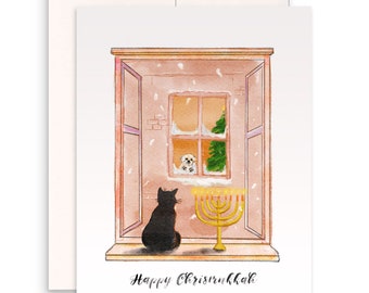 Chrismukkah Cat Hanukkah Cards Set - Cartes Chanukah pour les amateurs de chiens chats - Cartes de vœux faites à la main par Liyana Studio