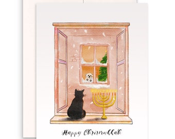 Chrismukkah Cat Hanukkah Cards Set - Chanukah Cards For Cat Dog Lovers - Handmade Greeting Cards By Liyana Studio