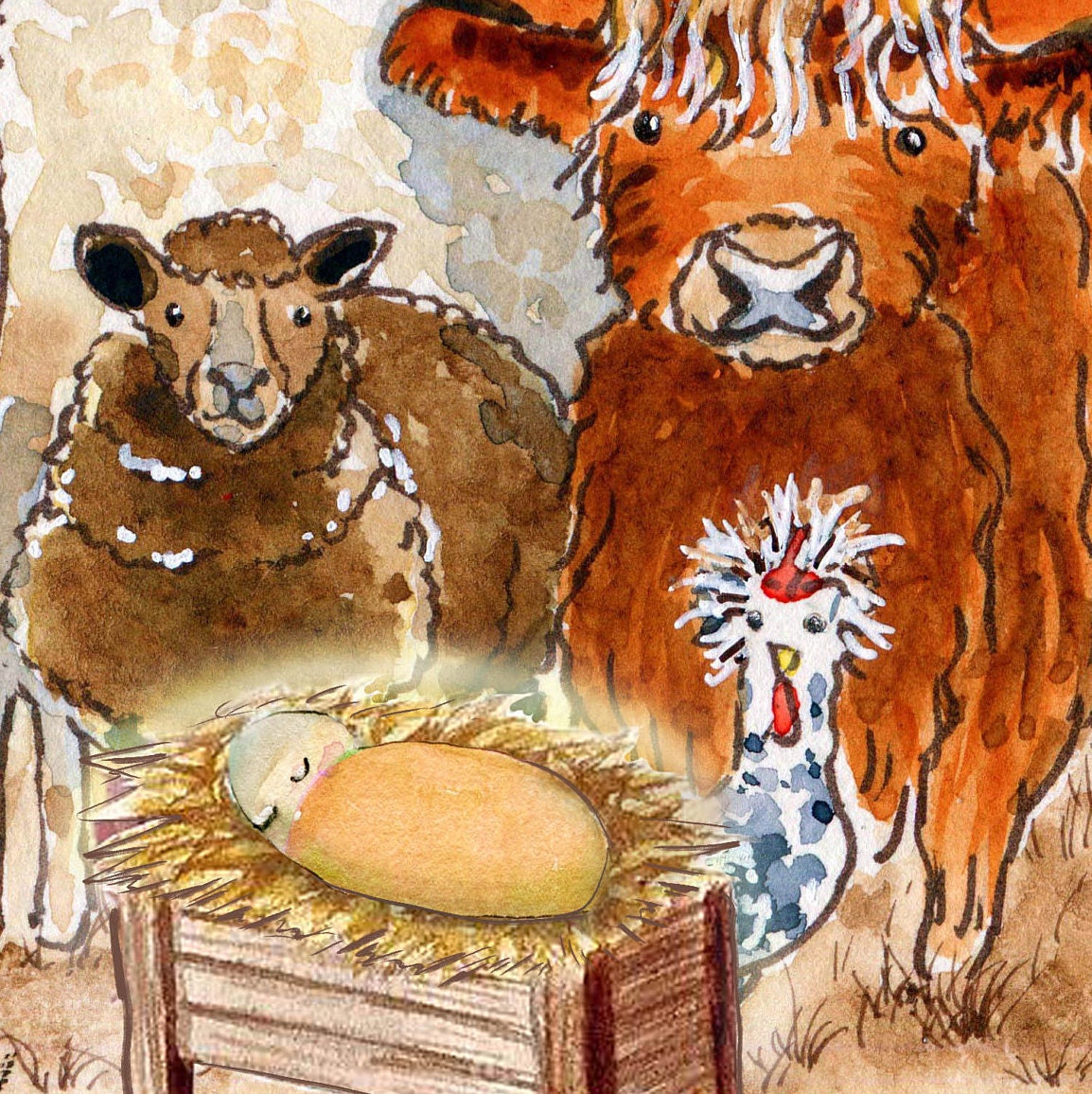 Watercolor Nativity Scene Farm Animals Christmas Cards Oh Etsy
