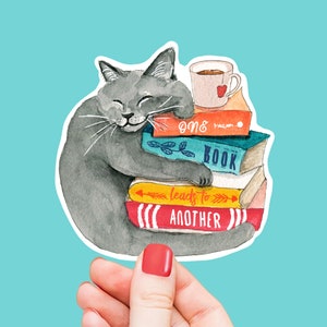 Book Lover Cat Sticker - One Book Leads To Another - Funny Waterproof Stickers For Bookish Gifts - Liyana Studio