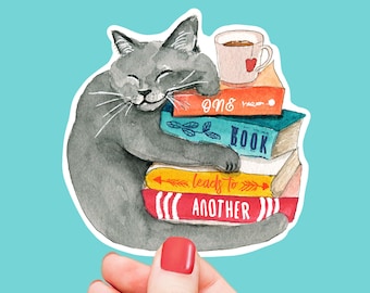 Book Lover Cat Sticker - One Book Leads To Another - Funny Waterproof Stickers For Bookish Gifts - Liyana Studio