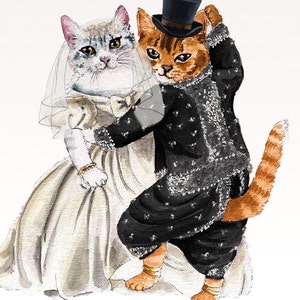 May include: A wedding illustration of two cats dressed in formal attire. The female cat is wearing a white wedding dress with a veil and the male cat is wearing a black tuxedo with a top hat.