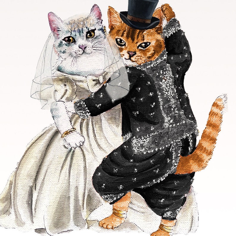 May include: A wedding illustration of two cats dressed in formal attire. The female cat is wearing a white wedding dress with a veil and the male cat is wearing a black tuxedo with a top hat.