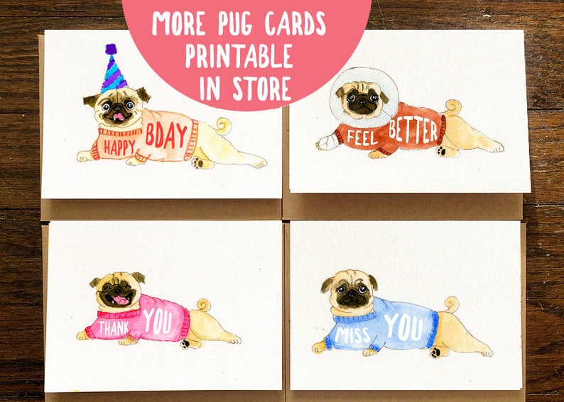 Pug Card Printable Card Funny Dog Birthday Card Instant | Etsy