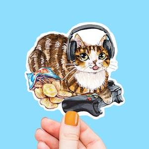 Cozy Gamer Sticker – Video Gaming Tabby Cat Sticker – Nerdy Gamer Vinyl Sticker Wasserfest