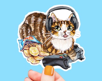 Cozy Gamer Sticker - Video Gaming Tabby Cat Sticker - Nerdy Gamer Vinyl Sticker Waterproof