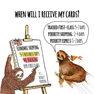 May include: A cartoon sloth holding a whiteboard with the text "Economic Shipping 5-7 Business Days No Tracking USPS First Class" and another sloth flying through the air with a speech bubble that says "Tracked First-Class: 5-7 Days Priority Shipping: 2-4 Days Priority Express: 1-2 Days".
