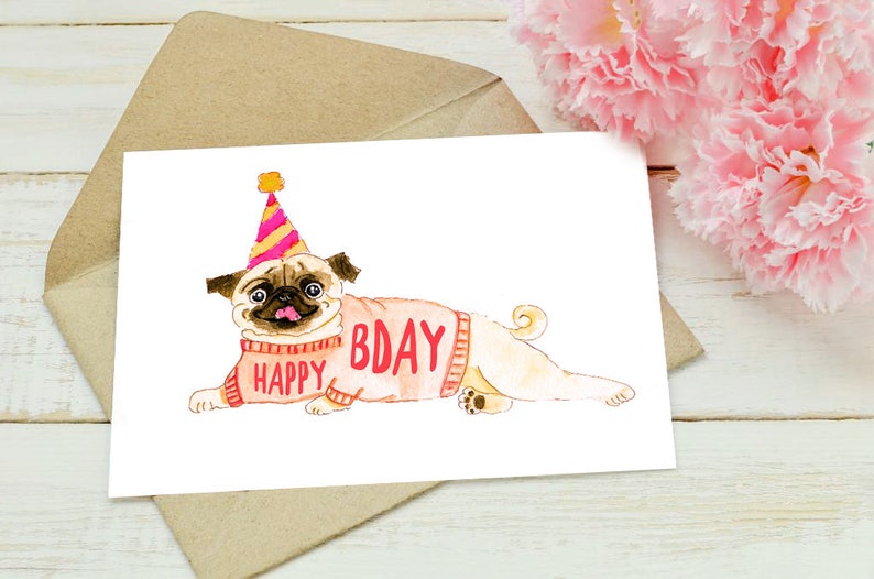 Pug Card Printable Card Funny Dog Birthday Card Instant | Etsy