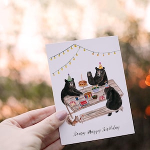 Black Bear Birthday Cards For Her Picnic Kids Birthday Party Card Whimsical Woodland Animals Birthday Card Funny Liyana Studio image 4