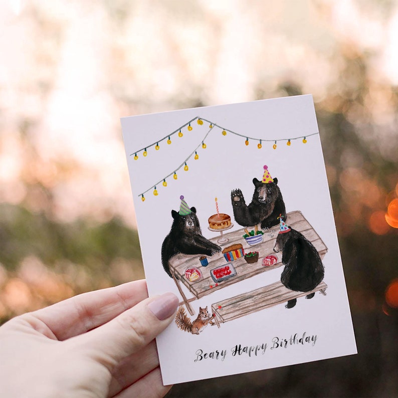 Black Bear Birthday Cards For Her Picnic Kids Birthday Party Card Whimsical Woodland Animals Birthday Card Funny Liyana Studio image 4