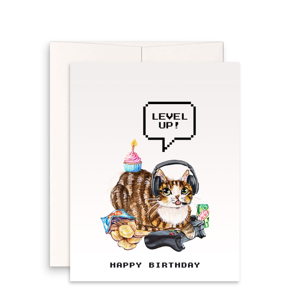 Cat Gamer Happy Birthday Cards for Boyfriend Video Games Level Up - Etsy