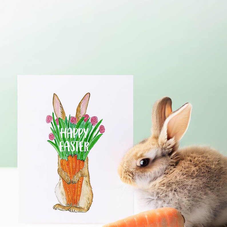 Carrot Flower Bunny Easter Card Pack Funny Easter Cards For Kids Watercolor Spring Greeting Card Set For Friends image 6