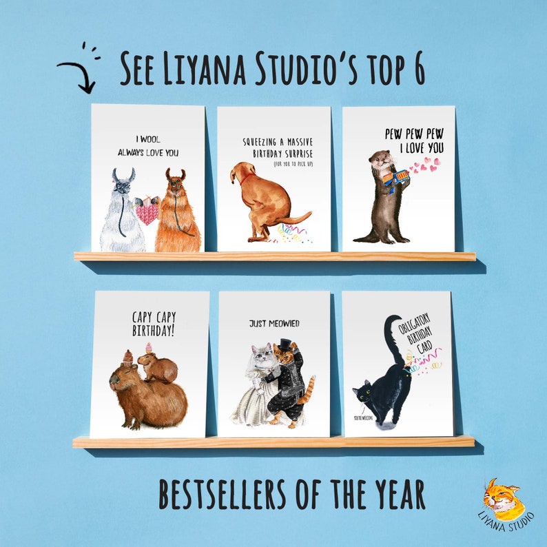 May include: A display of six greeting cards featuring humorous animal illustrations. The cards are arranged on a shelf against a light blue background. The text on the cards includes "I wool always love you", "Squeezing a massive birthday surprise", "Pew pew pew I love you", "Capy capy birthday", "Just meowied", and "Obligatory birthday card".