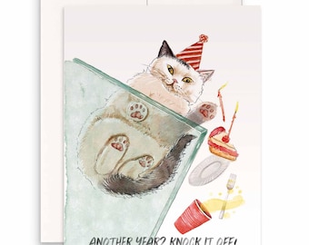 Knock It Off Cat Birthday Cards Funny - Happy Birthday Cat Gift For Cat Lover - Liyana Studio Handmade Greeting Cards