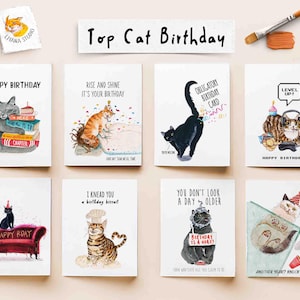 Pu&ograve; includere: Una collezione di biglietti di compleanno con illustrazioni di gatti. Ogni biglietto presenta un design unico con frasi come "Happy Birthday" e "Rise and Shine". I biglietti sono disposti su una superficie di colore chiaro.