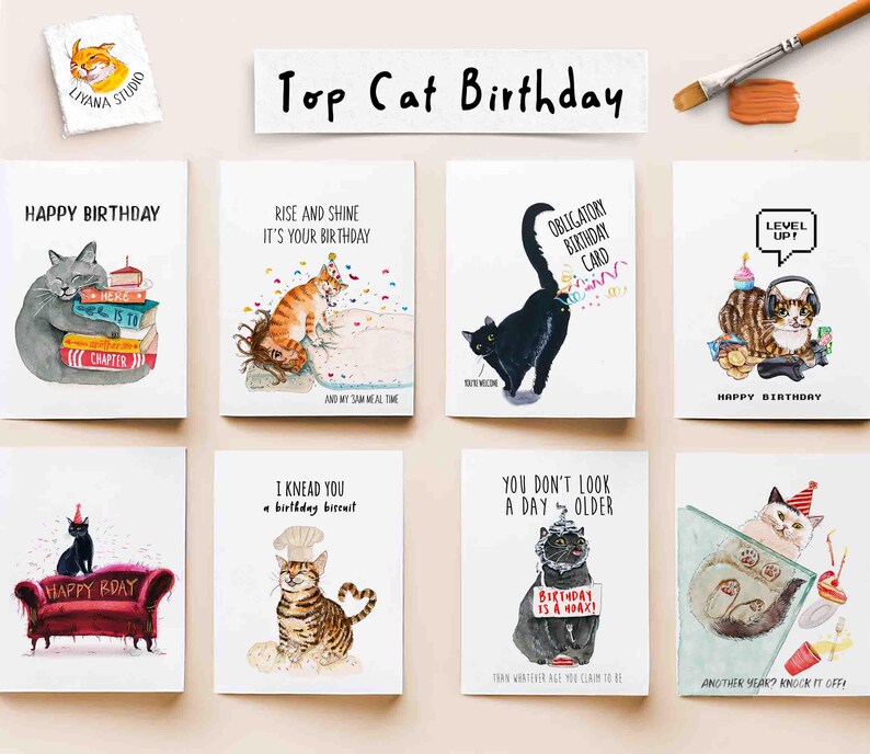 Pu&ograve; includere: Una collezione di biglietti di compleanno con illustrazioni di gatti. Ogni biglietto presenta un design unico con frasi come "Happy Birthday" e "Rise and Shine". I biglietti sono disposti su una superficie di colore chiaro.