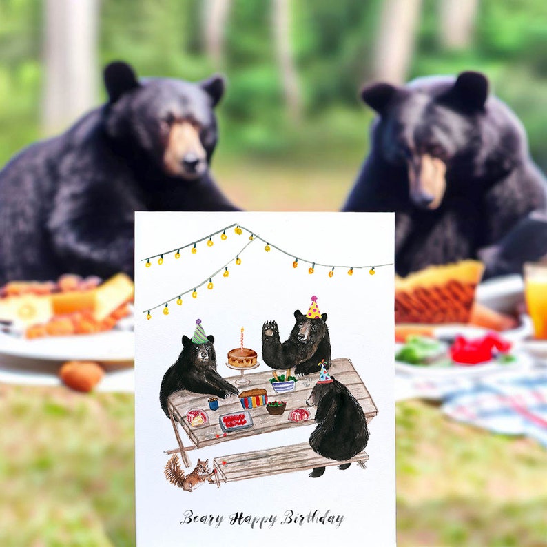 Black Bear Birthday Cards For Her Picnic Kids Birthday Party Card Whimsical Woodland Animals Birthday Card Funny Liyana Studio image 3
