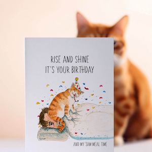 May include: A birthday card featuring a cartoon cat wearing a party hat and waking someone up in bed. The card reads "Rise and Shine It's Your Birthday and My 3AM Meal Time".